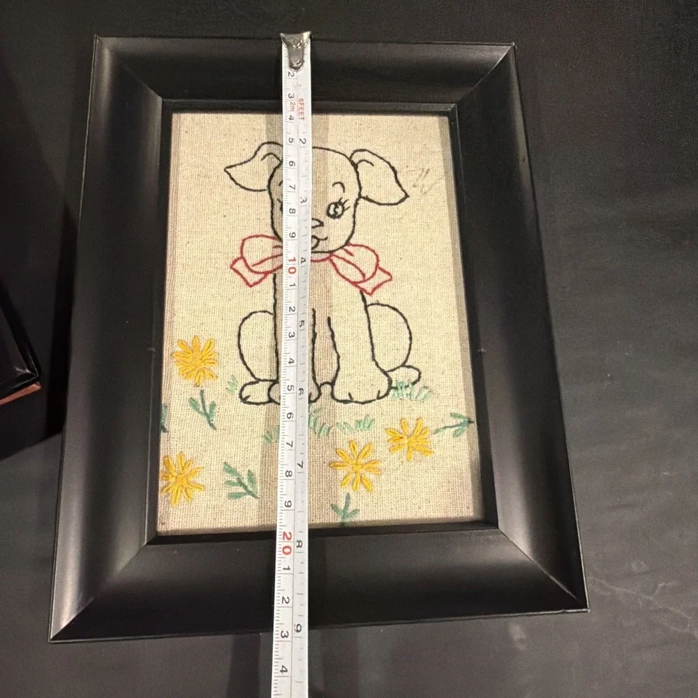Set Of 4 Vtg Framed Handmade Embroidered Animal Pics Cat Dog Nursery 9